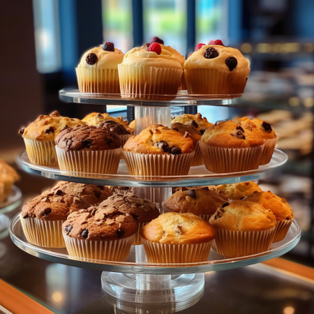 Muffins in a glass cupboard. Selective focus.の素材