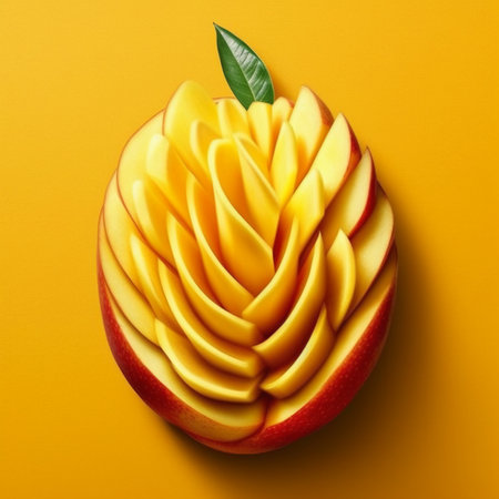 Creative food concept photo of apple made of sliced fruits on yellow background.の素材
