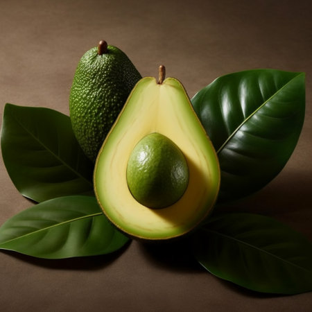Avocado with leaves on brown background. Copy space for text.の素材