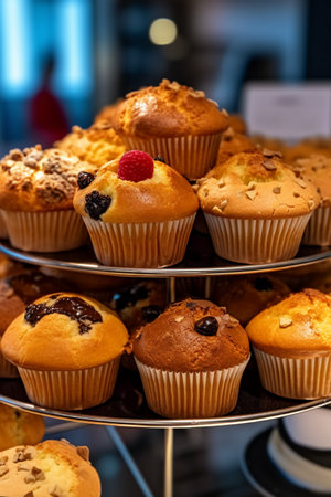 Muffins with raisins and blueberries on a standの素材