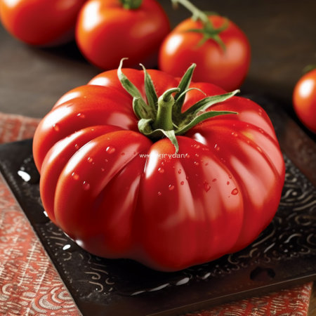 Fresh red tomatoes on a black cutting board. Close-up.の素材