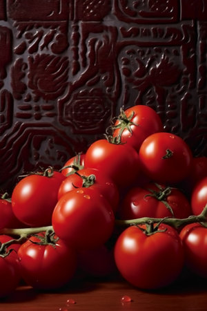 Bunch of fresh red tomatoes on a dark background. Toned.の素材