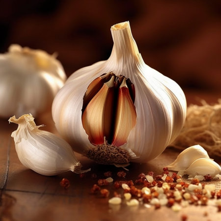 Garlic on a wooden table with garlic cloves and peppercornsの素材
