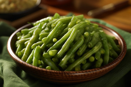 Green beans in a bowl on a wooden table, close-upの素材