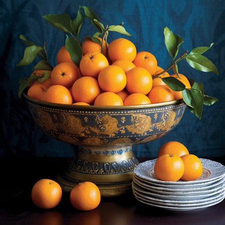 Ripe tangerines in a metal bowl on a dark backgroundの素材