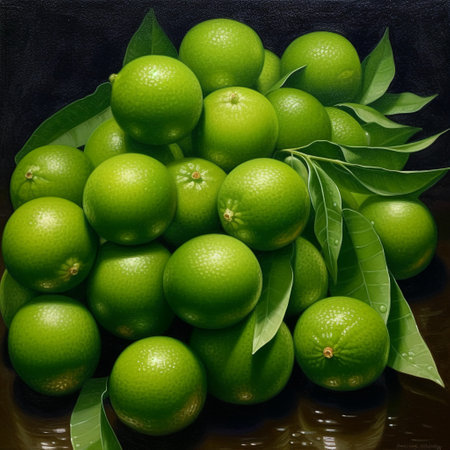 Fresh green limes with leaves on a dark background. Toned.の素材