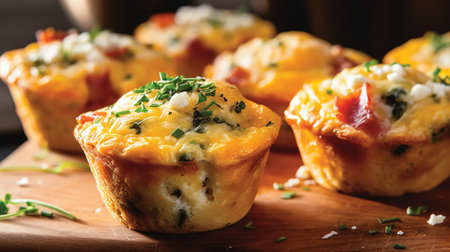 Mini muffins with cheese, bacon and herbs on wooden cutting boardの素材