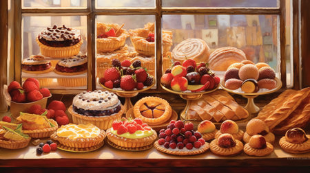 Variety of cakes and pastries in a pastry shop window.の素材