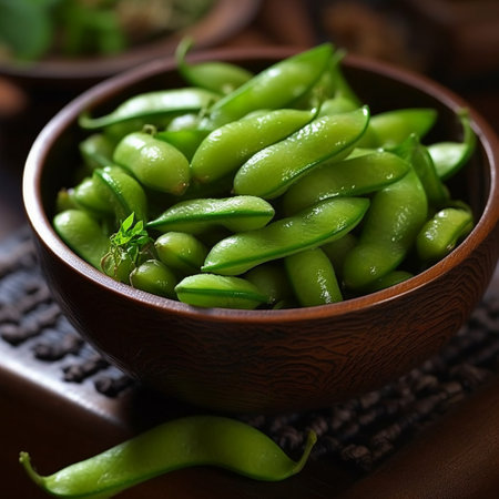 Green soybeans in bowl on wooden background. Selective focus.の素材