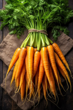 Bunch of fresh carrots with green leaves on wooden background, top viewの素材