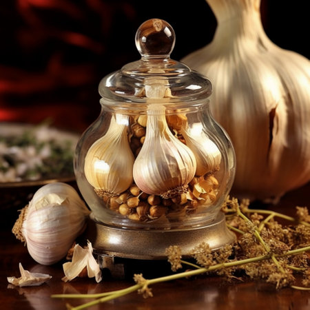 garlic in a glass jar on a wooden table with garlic in the backgroundの素材