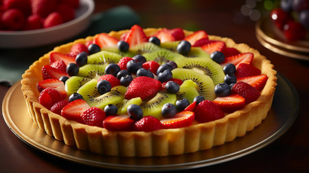 Fruit tart with berries and kiwi on a wooden tableの素材