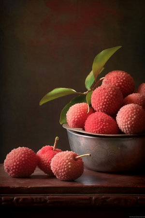 Lychee fruit in a metal bowl on a dark background.の素材