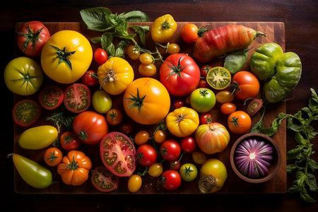 Assortment of colorful fresh tomatoes on wooden background. Top view.の素材