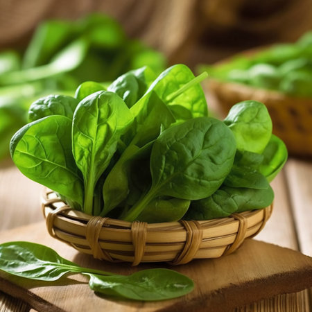 Spinach leaves in a wicker basket on a wooden tableの素材