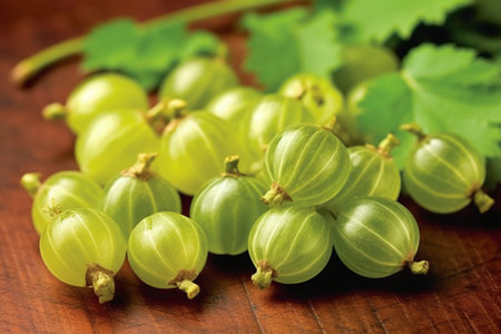 Green gooseberries on a wooden background. Close-up. Selective focus.の素材