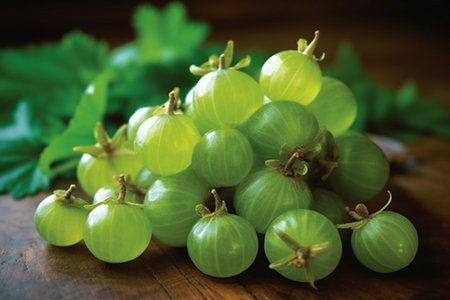 Green gooseberry on a wooden table. Close-up photo.の素材
