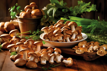 Fresh mushrooms on a wooden background. Selective focus. nature.の素材