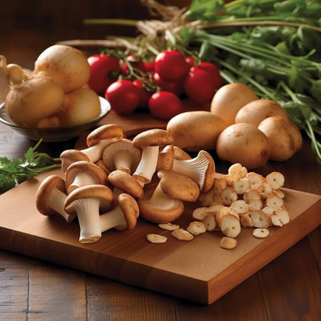 Shiitake Mushrooms and Vegetables on a Cutting Boardの素材