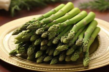 Bunch of fresh green asparagus spears on a golden plateの素材
