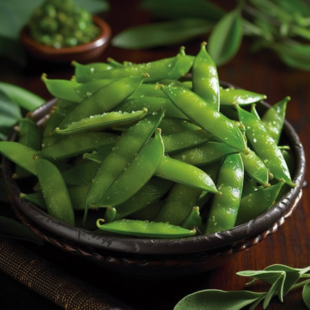 Fresh green peas in a bowl on a wooden background. Selective focus.の素材