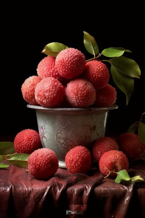 Lychee fruits in a metal bowl on a black background.の素材