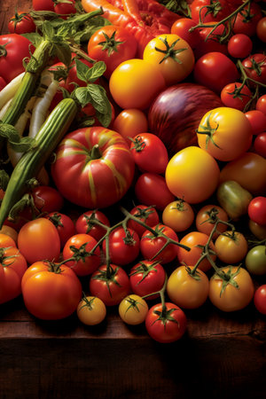 variety of colorful tomatoes on wooden table, top view, copy spaceの素材