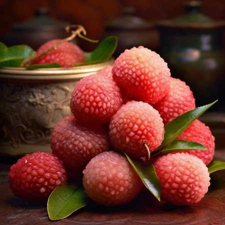 Lychee fruits on a wooden table. Selective focus.の素材