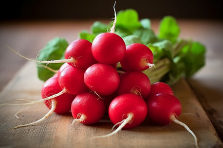 Bunch of fresh radishes on a wooden board, selective focusの素材