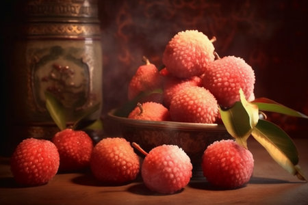 Lychee in a bowl on a wooden table. Still lifeの素材
