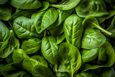 Fresh green spinach leaves background. Healthy food concept. Top view.の素材