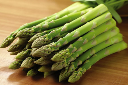 Bunch of fresh green asparagus on a wooden cutting boardの素材