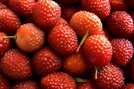 Strawberries background. Close up of fresh strawberry berries. Top view.の素材