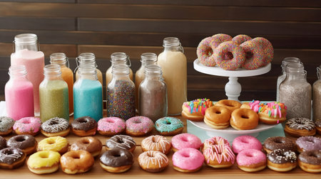 Variety of colorful donuts on wooden background. Sweet food.の素材