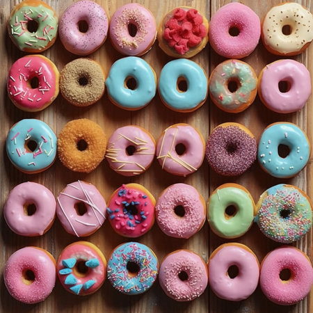 Colorful glazed donuts on wooden background. Top view.の素材
