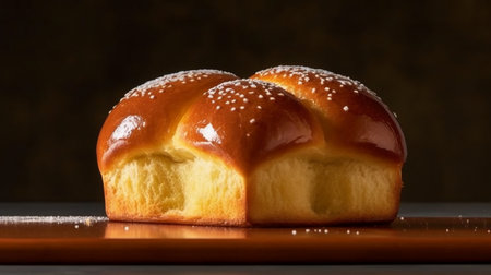 Sweet brioche with sugar on a dark background. Close up.の素材