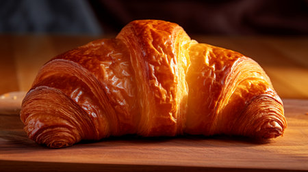 Croissant on a wooden table, close-up, selective focusの素材
