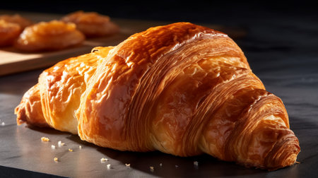 Freshly baked croissant on a black background. French breakfast.の素材