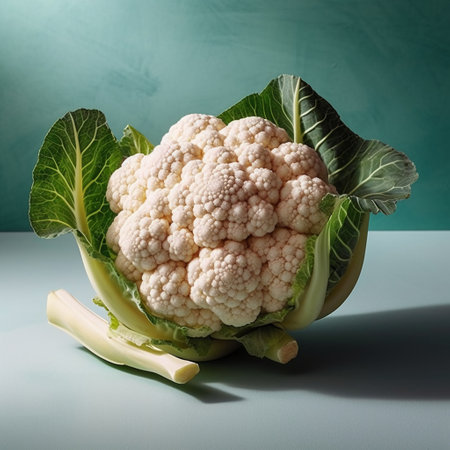 Cauliflower with green leaves on blue background. Healthy food concept.の素材
