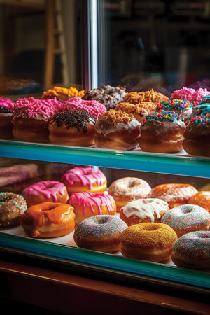 assorted donuts in a shop window, shallow depth of fieldの素材