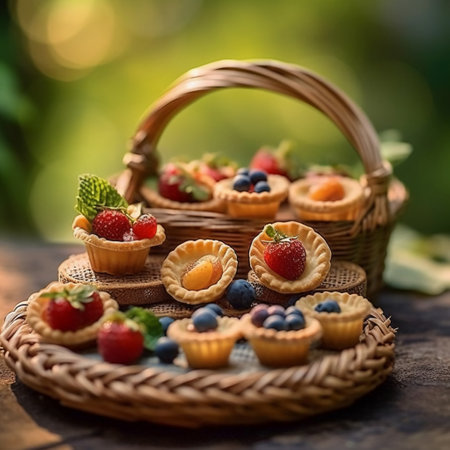 Mini tartlets with berries in basket on wooden table. Selective focus.の素材