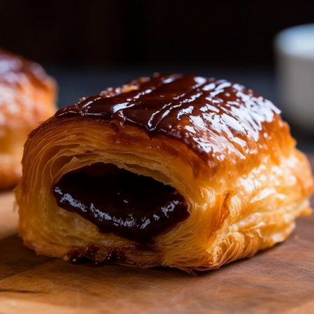 Homemade croissant with chocolate on wooden background. Selective focus.の素材