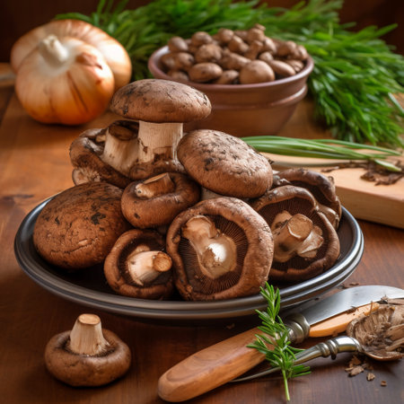 Brown champignon mushrooms in a bowl on a wooden table.の素材
