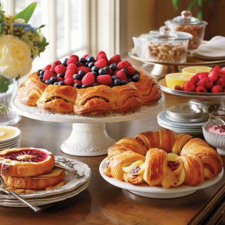 Freshly baked buns with raspberries, blueberries and strawberriesの素材