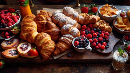 Breakfast with coffee, croissants and fruits on wooden tableの素材