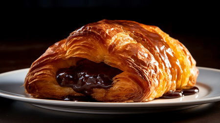 Croissant with chocolate sauce on a white plate. Dark background.の素材