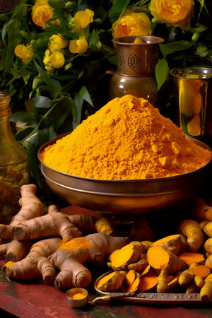 Turmeric powder in a bowl and fresh turmeric root on wooden backgroundの素材