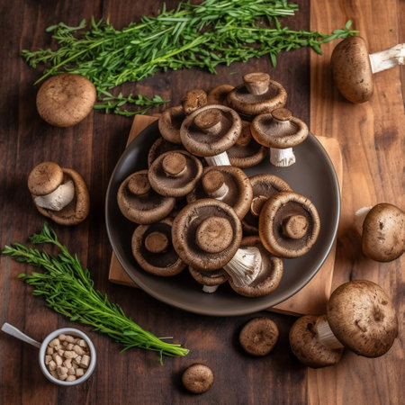 Raw shiitake mushrooms in a bowl on a wooden tableの素材