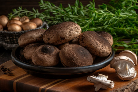 Fresh brown champignons in a bowl on a wooden table.の素材