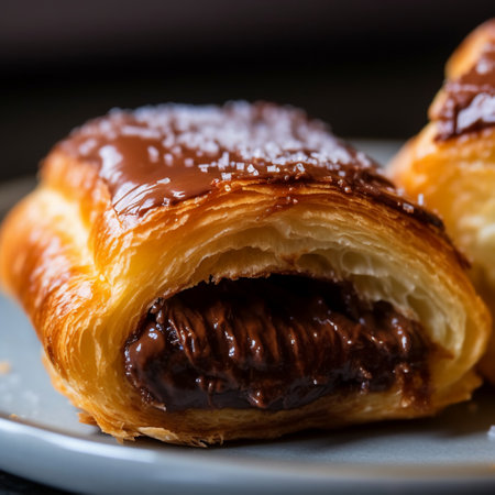 Close up of a chocolate croissant on a wooden table.の素材